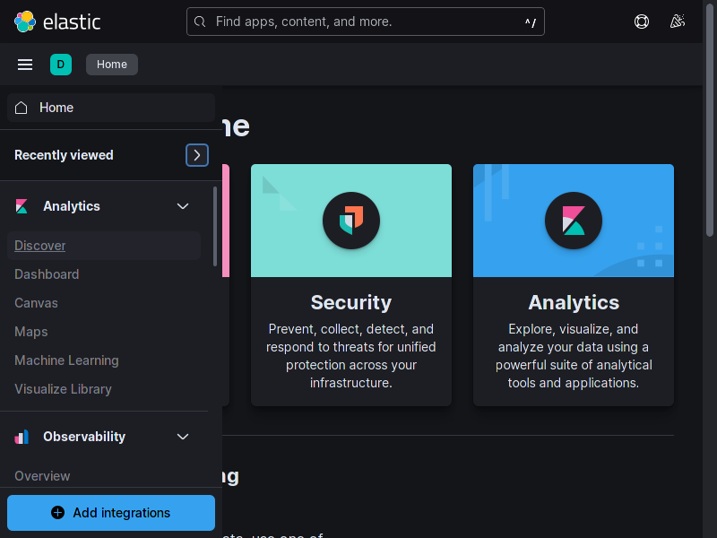 Menu lateral do Kibana