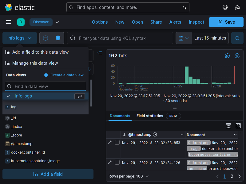 Menu de data view na tela Discover