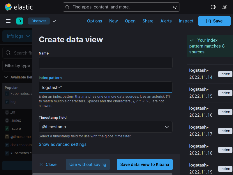 Tela de criação de um Data View